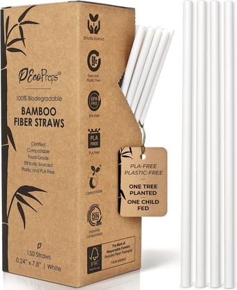 Biodegradable Bamboo Fiber Straws | 150 Count, 100% Compostable, Plastic-Free, Eco-Friendly Drinking Straws | 7.8'' Plant Fiber Disposable Straws, White Straws | Durable for Hot & Cold Drinks