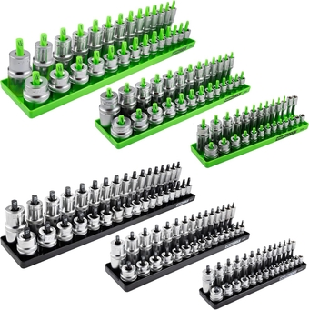 22233 6 Piece SAE and Metric Socket Tray Set, SAE and Metric Socket Storage for Sizes 1/4", 3/8”, and 1/2" Drive, Socket Holders and Socket Organizer Tray for Toolbox, Green and Black