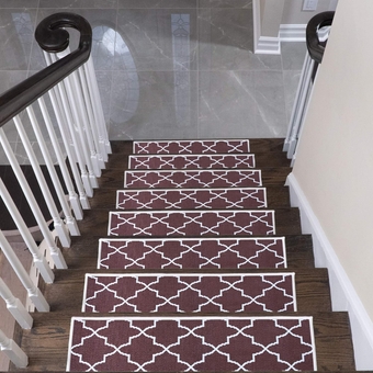 Lattice Design 9" X 28" Stair Treads - 70% Cotton Anti-Slip Carpet Strips for Indoor Stairs-Easy to Install Runner Rugs with Double Adhesive Tape-Safe, Extra-Grip, 10-Pack-Red