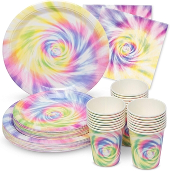 Royal Bluebonnet Tie Dye Party Supplies -Service for 24- Muted Tie Dye Plates (7 and 9 Inch), Paper Napkins and Party Cups - Disposable Hippie Birthday Dinnerware for Tie Dye Birthday, Rainbow Party