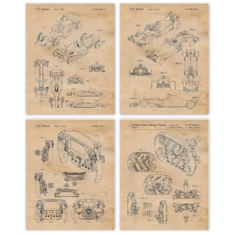 Vintage F1 Racing Cars Patent Prints, 4 (8x10) Unframed Photos, Wall Art Decor Gifts Under 20 for Home Enzo Ferrari Office Engine Garage Shop College Student Teacher Coach Formula Team Indy Champs Fan