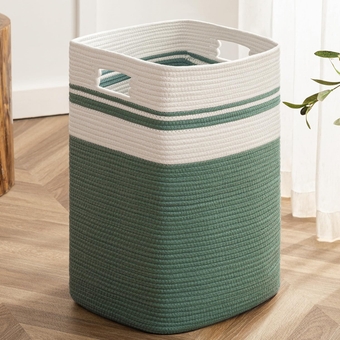 Cotton Laundry Hamper, Large Woven Rope Basket with Handles for Living Room and Bedroom, Stylish Storage Basket for Clothes, Toys, and Blankets - 22x16x13 Inches Green