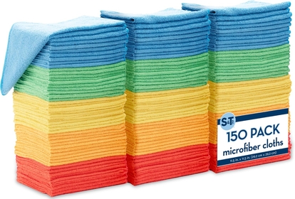 S&T  150 Pack Microfiber Cleaning Cloth, Bulk Microfiber Towel for Home, Reusable and Lint Free Cloth Towels for Car, Assorted Colors, 11.5 Inch x 11.5 Inch, 150 Count